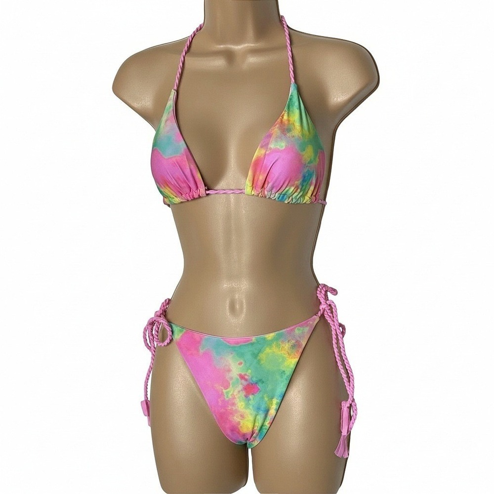 New Small Paste Tie Dye Rainbow Brazilian Bikini Swimsuit Side Tie Triangle Rave